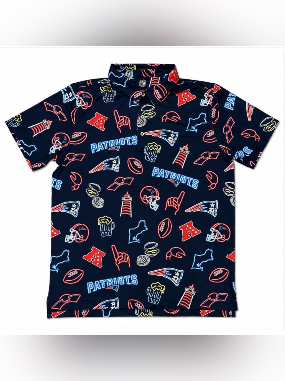 NEW CHUBBIES NAVY NEON GRAPHIC NFL NEW ENGLAND PATRIOTS PERFORMANCE POLO SHIRT L